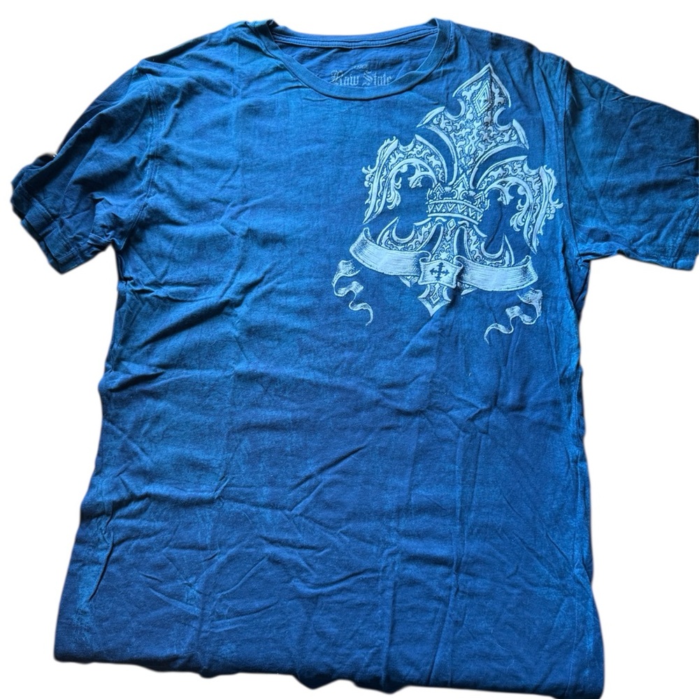 Raw State Renegade Men's S/S Graphic Tee in Navy w/ Raised Velveteen Print Sz L